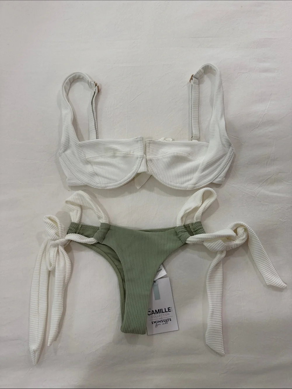 Two-Piece Ribbed Bikini — White Top & Sage Green Bottom